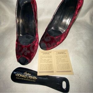 Donald J Pliner ZO-EVY Red Velvet Black Lace Heels